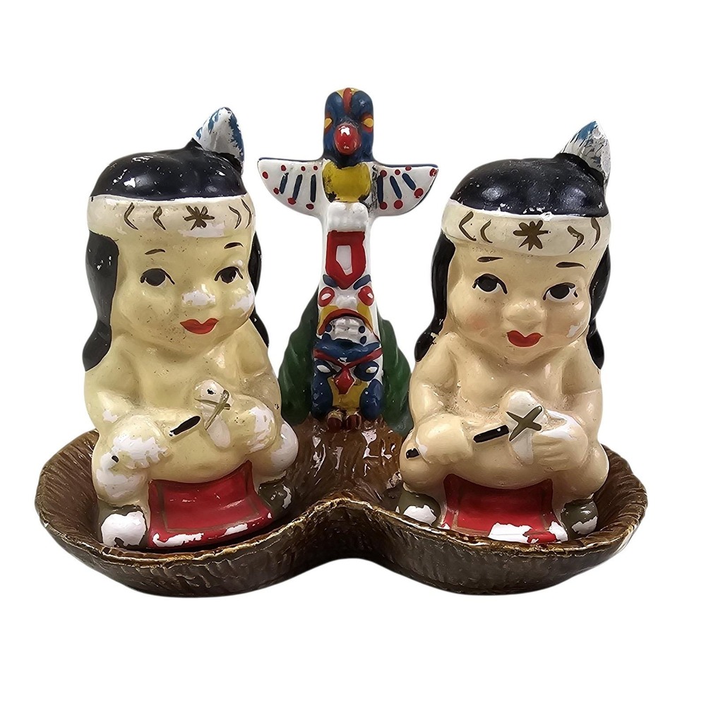 Vintage Japan Ceramic Salt and Pepper Shakers Set with Totem Pole Base Multi